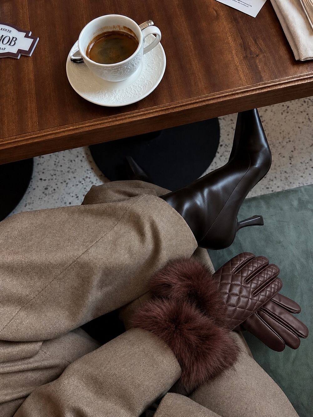 Vintage Chocolate Brown Quilted Lambskin Cashmere Lined Genuine Fur Cuff Gloves